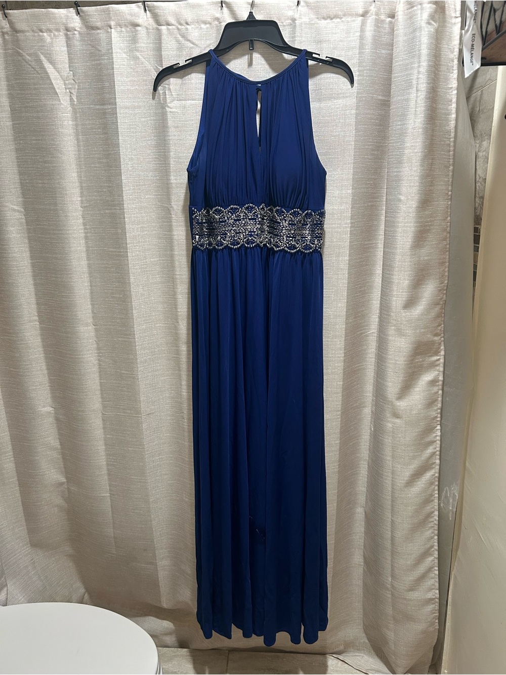 R&M Richards Royal Blue Halter Pleated Evening Dress